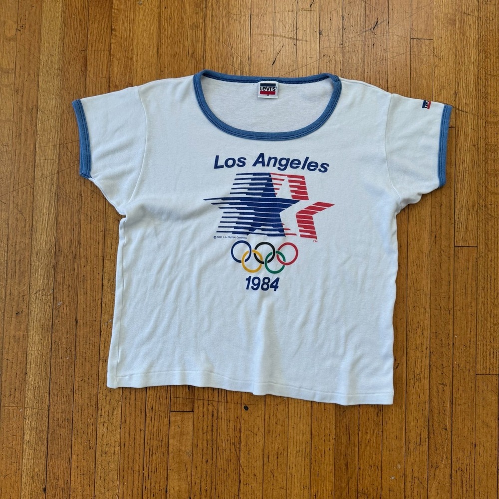 Levi's White Ringer Tee with Blue Trim and Multicolor Los Angeles 1984 Graphic